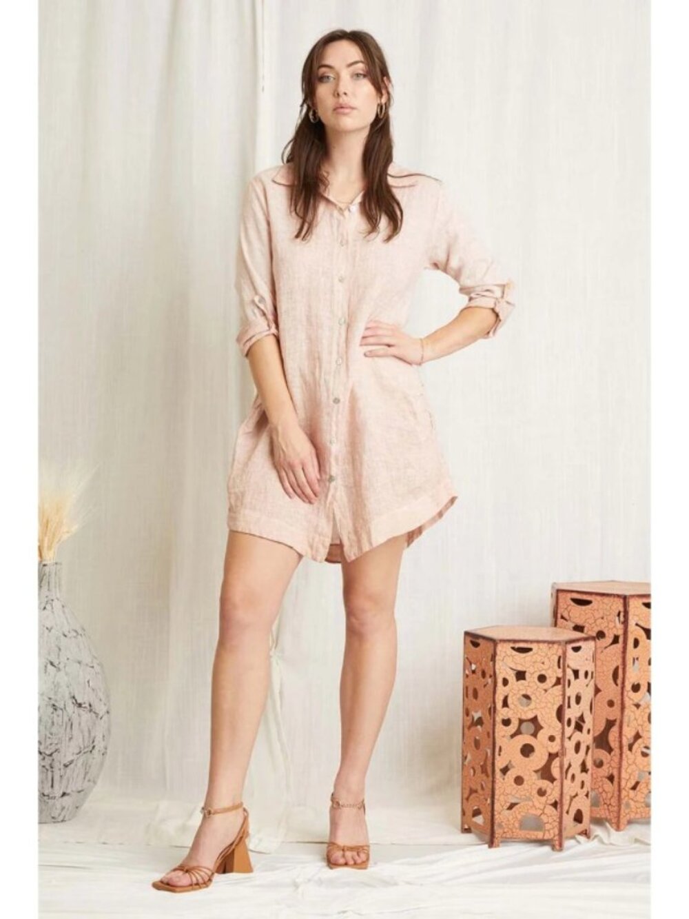 Scandal One Size M S 100% Linen Abril Tunic Top Blouse Shirt Pink Pockets Button